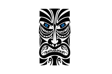 Intricate Tribal Mask Design Featuring Bold Black Lines and Vivid Blue Eyes Symbolizing Strength and Cultural Heritage