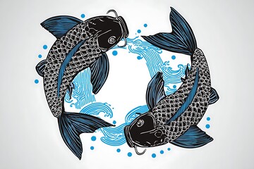 Elegant Koi Fish Design in Blue with Circular Water Wave Pattern, Traditional Asian Art with Modern Touch