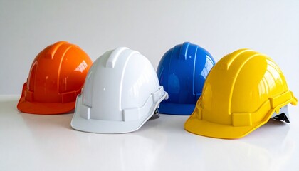 Row of construction safety helmets in orange, white, blue, and yellow on white surface near window with natural light