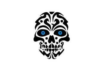 Intricate Black and White Skull Design with Blue Eyes and Decorative Patterns for Creative Projects and Modern Art
