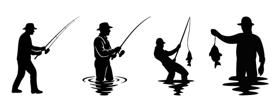Silhouette set fisherman in water with fishing rod and catch isolated - Powered by Adobe