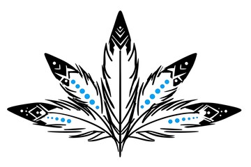 Intricate Black and Blue Feather Design with Geometric Patterns and Artistic Elements for Decorative Use