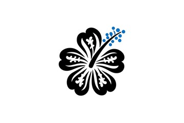 Elegant Black and Blue Floral Design Featuring a Delicate Hibiscus Flower with Intricate Petals and Leaf Patterns