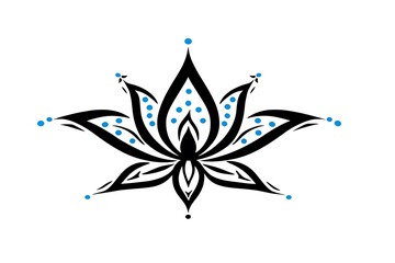 Elegant black and blue floral design featuring intricate patterns, geometric elements, and artistic details on a white background