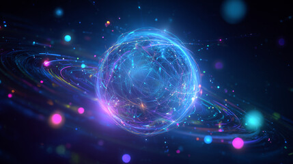 Stunning glowing sphere with vibrant particles and orbiting trails for cutting-edge technology, dynamic data visualizations, and futuristic concepts