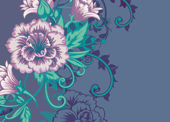 Decorative floral pattern with swirling vines and blooming flowers in purple and teal © Raju