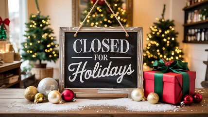 Chalkboard sign announcing closed for holidays surrounded by festive christmas trees and gifts creating a warm seasonal atmosphere