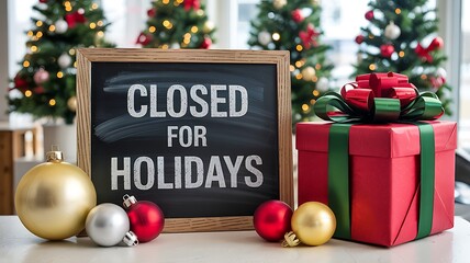 Chalkboard sign reading closed for holidays surrounded by festive christmas decorations including gifts and ornaments