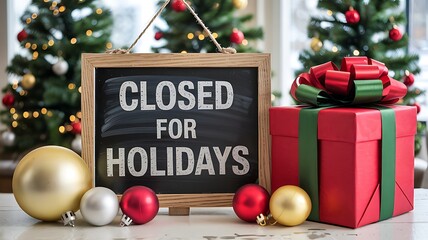 Chalkboard sign saying closed for holidays with christmas trees and gift boxes festive holiday decoration