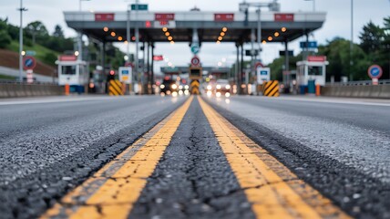 Approaching a busy toll plaza on a highway with yellow lane markings and overhead structures in overcast weather