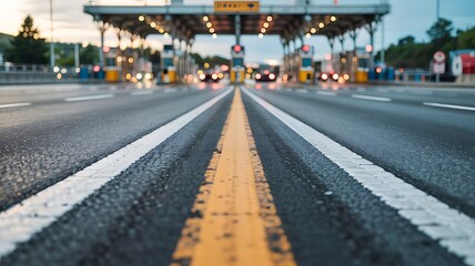 Approaching a brightly lit toll plaza on a multi lane highway at dusk with cars in motion and blurred lights