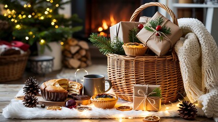 Cozy christmas scene with a gift basket festive treats warm fireplace and twinkling lights creating a holiday atmosphere
