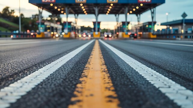 Perspective view of a multi lane highway toll plaza with bright lights and traffic lanes leading towards the booths at dusk