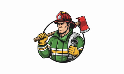 Illustration of a brave firefighter with an axe and hose, ready for action and safety