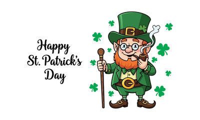 A whimsical illustration for a festive Irish celebration, featuring a charming folklore character in green with shamrocks and a greeting