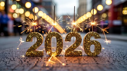 Golden glittery numbers 2026 illuminated by sparklers with bokeh lights in the background celebrating new year