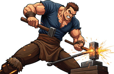 Blacksmith forging metal cartoon illustration, symbolic craftsmanship and expressive labor pride artwork for design and heritage education