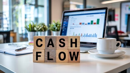Wooden letter blocks spelling cash flow on a desk with a laptop displaying financial charts and a cup of coffee