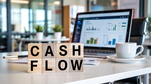 Wooden blocks spelling cash flow placed on a desk next to a laptop displaying financial charts and a coffee cup
