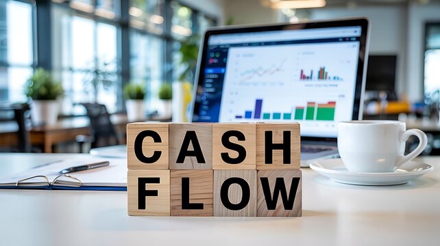 Wooden blocks spelling cash flow sit on a desk in front of a laptop displaying financial charts and a cup of coffee