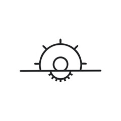 A minimalist line drawing depicts a sun setting over a stylized landscape with geometric elements.