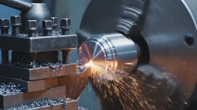 Macro cinematic close-up of a high-speed lathe carving grooves into metal with sharp cutting edges, glowing friction details, micro particles and rhythmic mechanical motion in an industrial environmen