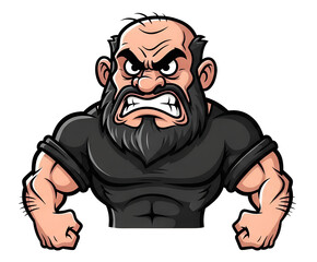 Fierce Angry Mascot Character with Grumpy Expression, Thick Eyebrows, and Clenched Fists in Bold Cartoon Outline Style, Perfect for T-Shirt Artwork, Logo Design, Sticker Printing, Merchandise Branding