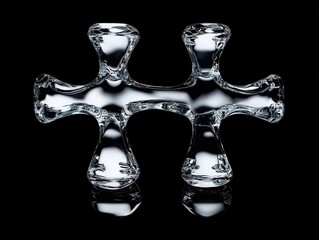 Hyper-realistic 3D render of two symmetrical glass crosses with liquid inside, floating on a black background. Symbolic and minimalist design for religious themes, digital art, backgrounds, posters, 