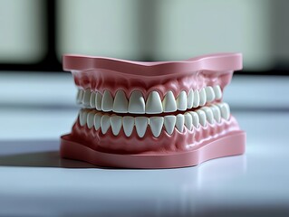 3D render of a dental model on a white table, close-up at 45-degree angle with soft lighting and minimal background. Hyper-realistic, high-resolution detail for dental medical visualization, education