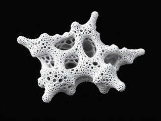 White 3D isometric fractal geometric model on black background, minimalistic design for technology themes, mathematical visualization, abstract art, or digital projects. Monochrome contrast with moder