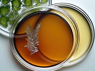 Top-view of petri dishes with organic materials: green moss, brown liquid, and yellow glass with silver mesh on white background. Soft natural lighting ideal for scientific illustration, educational 