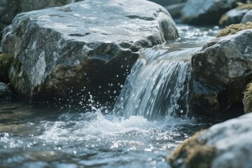 Water cascading over rocks in a natural stream, creating splashes and ripples