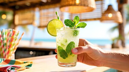 A mojito cocktail with mint and lime on a beach bar counter. Colorful straws and a tropical background enhance the summer vibe.
