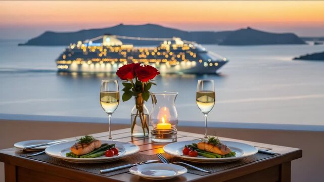 Romantic dinner on a terrace with a cruise ship in the ocean 4k video