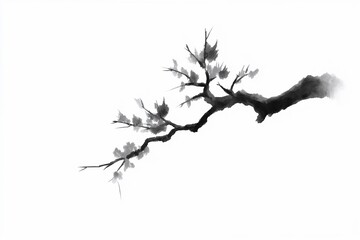 Fototapeta premium Watercolor tree branch in black and white on white background