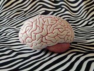 Realistic human brain model with prominent red veins placed on a zebra pattern background, captured in high resolution with natural window lighting. Ideal for medical education, scientific advertising