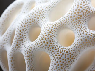 Close-up of a white plastic organic shape surface with geometric circular holes pattern, showcasing detailed texture and sharp focus for product design, abstract art, or creative background material.