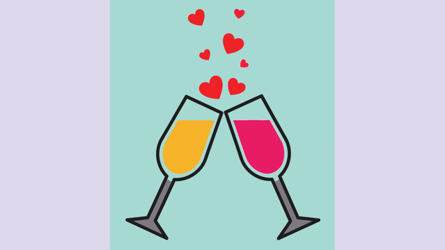 Two champagne glasses toasting with floating hearts on a soft blue and purple gradient background, symbolizing celebration and love. - Powered by Adobe