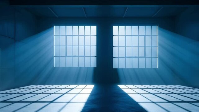 Two windows casting light in a blue toned empty room view 4k video
