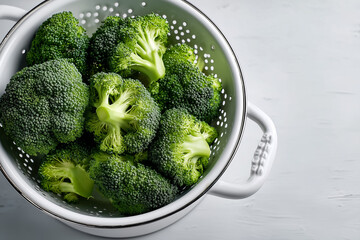 Fresh green broccoli florets stacked in a white enameled colander on a light background with copy space