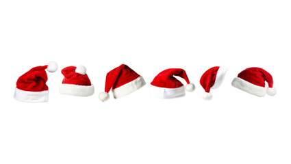 Festive row of Santa hats on black background for your holiday designs and Christmas campaigns, add cheer and seasonal spirit to your creative projects