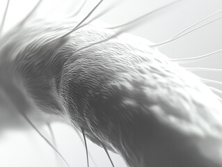 Macro photograph of animal skin's soft texture and delicate lines in monochrome on white background, evoking calmness. Focus stacking with neo-bloom style creates a high-resolution, visually striking 