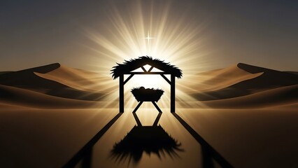 Elegant Christmas Nativity Scene Shining Brightly Against a Desert Backdrop, Evoking Faith and Hope for a Joyful Holiday Season, Perfect for Religious Themes