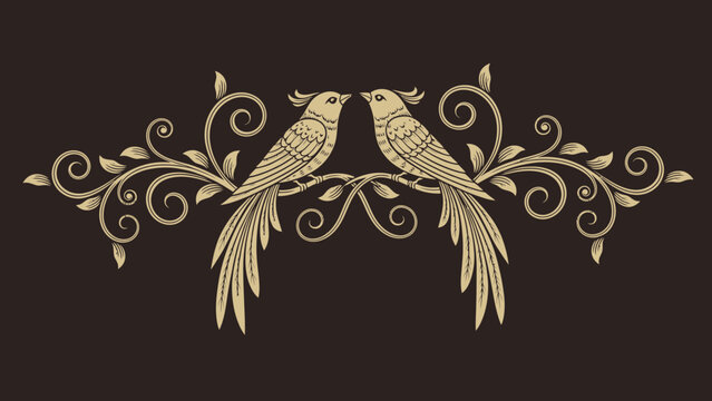 Two ornate golden birds perched on a symmetrical swirling vine with leaves, an elegant decorative design element.