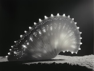 Black and white photograph of an open seashell with glowing dots on its surface, featuring minimalist, mysterious atmosphere, high contrast, and soft bokeh, suitable for nature, art, technology, 