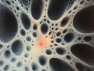 Abstract micrograph of organic cellular network with white pattern on black background, pink and orange highlights, and central red focus point. Futuristic X-ray photograph suitable for science, medic