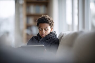 Boy wrapped in blanket using tablet on sofa at home