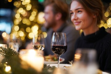 Smiling woman at festive dinner table with wine glass