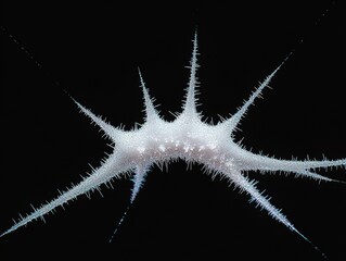 Symmetrical single-lens capture of a white spider web on black background, featuring frozen textures, pixelated landscapes, and spiky mounds with atmospheric perspective in abstract natural digital 