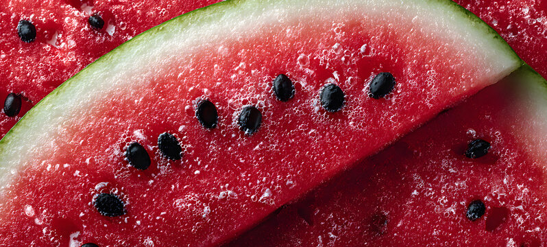 Watermelon texture, macro photo, close-up. Piece of watermelon with seeds. Top view. - Powered by Adobe